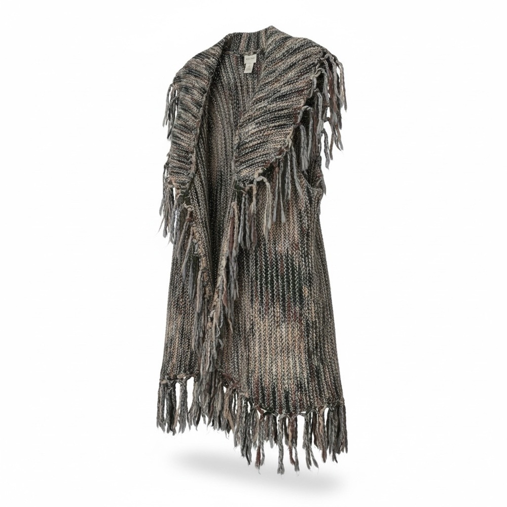Chico's Drama Fringe Nolan Chunky Knit Vest in Neutral Tones Size Large Wool Mix